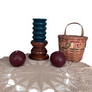 Rustic Basket, Candles & Candle Holder Set – Vintage Style Decor Bundle